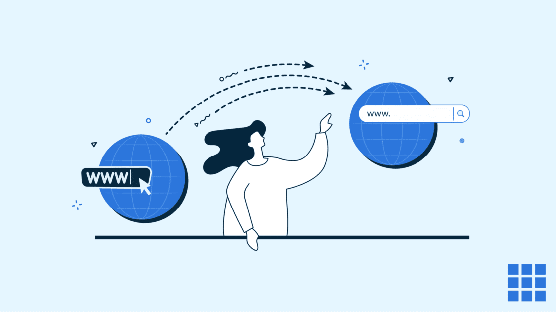 Illustratie van een persoon die een domeinnaam zoekt op het internet.