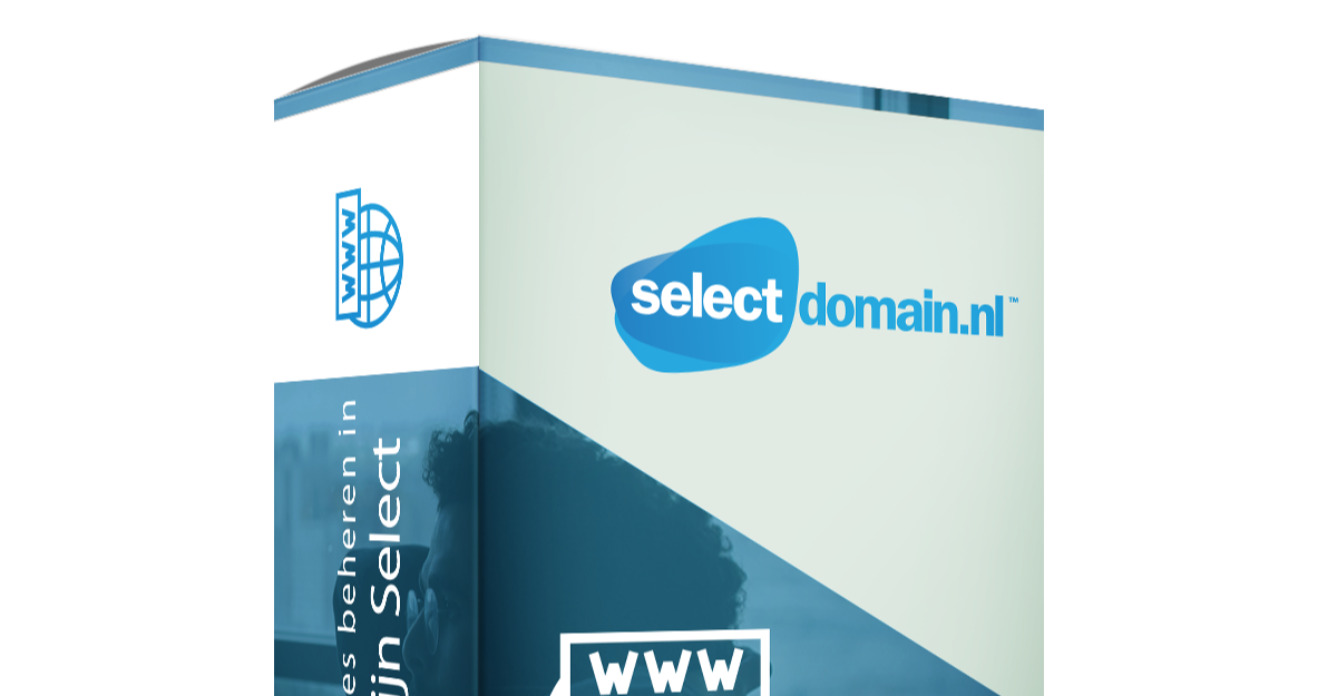 Verpakking van SelectDomain.nl met logo en illustratie van een wereldbol en www-icoon