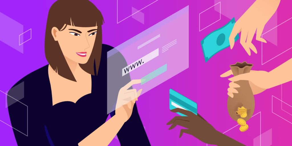 Illustratie van een vrouw die online een domeinnaam verkoopt en betalingen ontvangt.